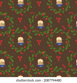 Christmas wreaths with red berries and bows, strudel with cherries. Seamless pattern for the New Year on a brown background. Christmas illustrations in cartoon childish style