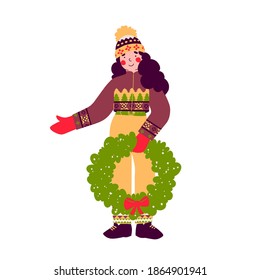 Christmas wreaths sale. Cartoon girl winter clothes folk. Cute flat vector illustration.