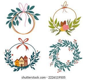 Christmas wreaths set. Decor for New Year Christmas and holiday. Wreath with holly berries, mistletoe, pine and fir branches, cones, rowan berries. Hand drawn illustration isolated 