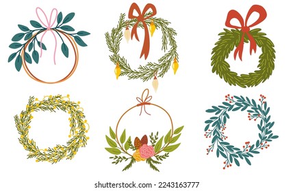 Christmas wreaths set. Decor for New Year Christmas and holiday. Wreath with holly berries, mistletoe, pine and fir branches, cones, rowan berries. Hand drawn illustration isolated 