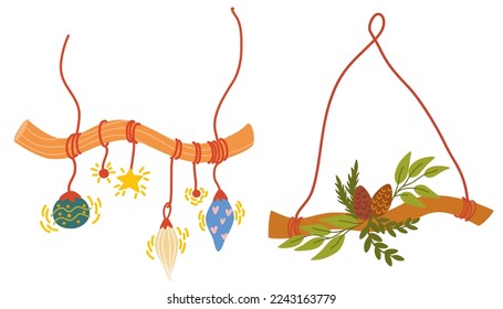 Christmas wreaths set. Decor for New Year Christmas and holiday. Wreath with holly berries, mistletoe, pine and fir branches, cones, rowan berries. Hand drawn illustration isolated 