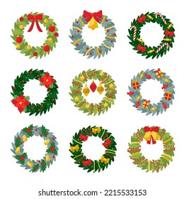 Christmas wreaths set isolated design elements, green pine wreath with festive xmas or new year decorations, golden bell, red ribbon, gift boxes. Traditional garland decor. Vector illustration