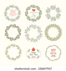 Christmas wreaths set. Merry Christmas and Happy New Year.