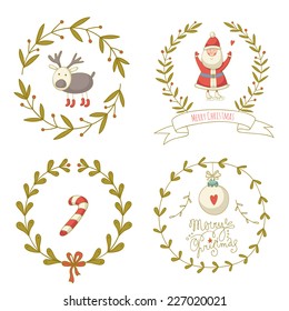 Christmas wreaths set with Santa Claus and and other decoration elements. EPS 10. No transparency. No gradients.