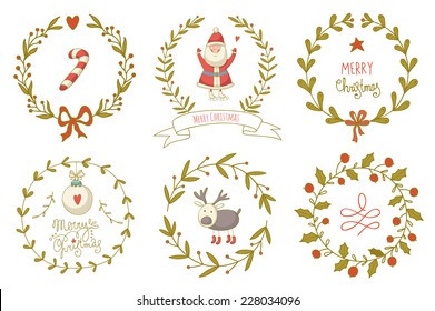 Christmas wreaths set with Santa Claus and and other decoration elements. EPS 10. No transparency. No gradients.