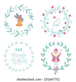 Christmas wreaths set with Santa Claus and Christmas bell. EPS 10. No transparency. No gradients.