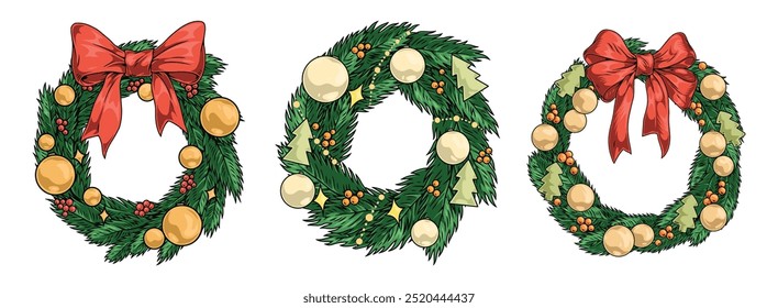 Conjunto de coronas de Navidades de pegatinas con anillos de ramas de abeto decoradas con arcos y juguetes de Navidad para la decoración de interiores Ilustración vectorial