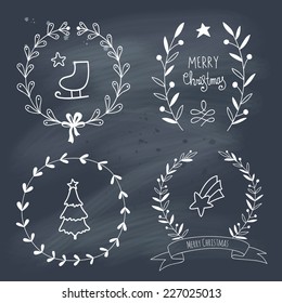 Christmas wreaths set with Christmas symbols on chalkboard. EPS 10. Transparency. No gradients.