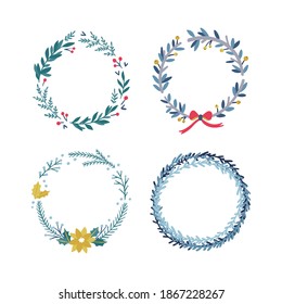 Christmas wreaths vector set. Hand drawn floral wreath collection. Decorative round frames clipart