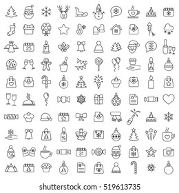 christmas xmas 100 new year winter celebration decoration symbol vector outline line black on white background icons set