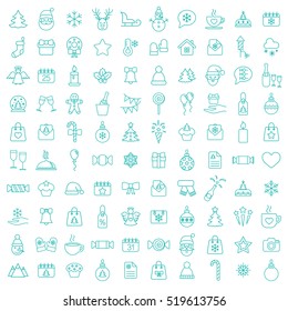 christmas xmas 100 new year winter celebration decoration symbol vector outline line blue on white background icons set