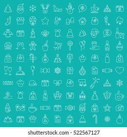 christmas xmas 100 new year winter celebration decoration symbol vector outline line white on blue
 background icons set