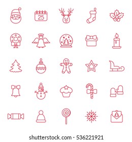 christmas xmas 25 new year winter celebration decoration symbol line red on white background icons set