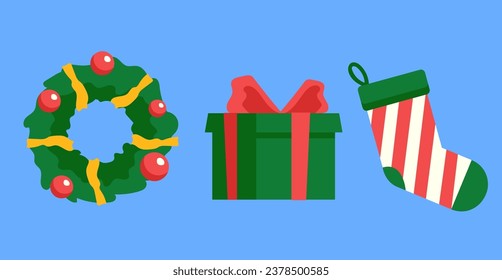 Christmas xmas decoration box sock decoration isolated set. Vector flat graphic design illustration 