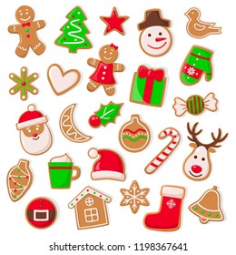 Christmas and xmas design of cookies isolated icons set vector. Snowman and Santa Claus character, gingerbread man and mistletoe. Deer and candy