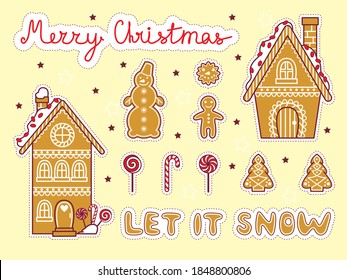 Christmas and xmas design of cookies isolated icons set vector. Snowman character, houses, gingerbread man and mistletoe. Deer and candy.