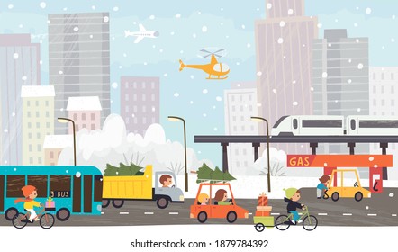 Christmas, xmas eve people rush with presents and christmas trees. Winter city mood picture with public transport and people.