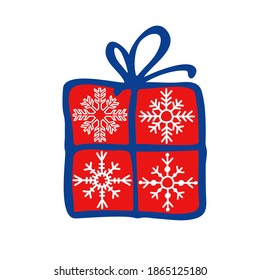 Christmas Xmas gift box snowflakes snow decoration doodle logo icon sign Hand drawn sketch Festive children's style Fashion print clothes apparel greeting invitation card cover flyer poster banner