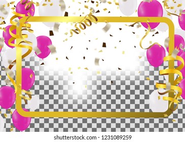 Christmas. Xmas holiday lettering design. Vector party balloons illustration. Confetti and ribbons flag ribbons, Celebration background template