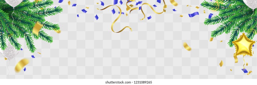 Christmas. Xmas holiday lettering design. Vector party balloons illustration. Confetti and ribbons flag ribbons, Celebration background template