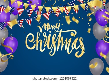 Christmas. Xmas holiday lettering design. Vector party balloons illustration. Confetti and ribbons flag ribbons, Celebration background template
