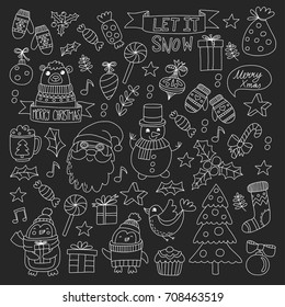 Christmas Xmas New year Christmas icons for backgrounds, decoration, patterns, cards, ornaments Doodle christmas tree with lights and balls New year celebration and party with bear and Santa Claus