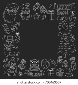 Christmas Xmas New year Christmas icons for backgrounds, decoration, patterns, cards, ornaments Doodle christmas tree with lights and balls New year celebration and party with bear and Santa Claus