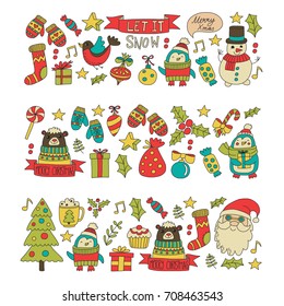 Christmas Xmas New year Christmas icons for backgrounds, decoration, patterns, cards, ornaments Doodle christmas tree with lights and balls New year celebration and party with bear and Santa Claus