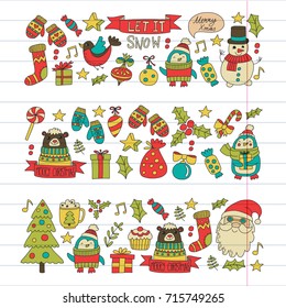 Christmas Xmas New year Vector doodle set of icons with Santa Claus, penguin, snowman, bear, presents, christmas decoration
