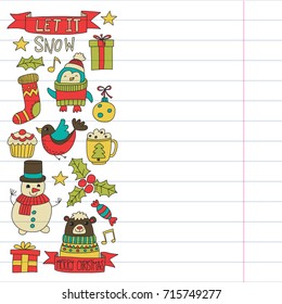 Christmas Xmas New year Vector doodle set of icons with Santa Claus, penguin, snowman, bear, presents, christmas decoration