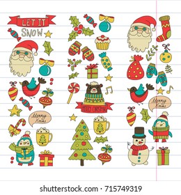 Christmas Xmas New year Vector doodle set of icons with Santa Claus, penguin, snowman, bear, presents, christmas decoration