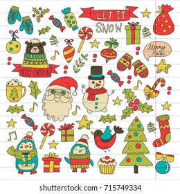 Christmas Xmas New year Vector doodle set of icons with Santa Claus, penguin, snowman, bear, presents, christmas decoration