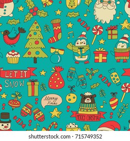 Christmas Xmas New year Vector doodle set of icons with Santa Claus, penguin, snowman, bear, presents, christmas decoration Seamless pattern