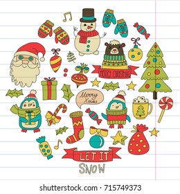 Christmas Xmas New year Vector doodle set of icons with Santa Claus, penguin, snowman, bear, presents, christmas decoration