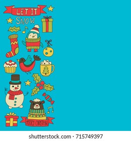 Christmas Xmas New year Vector doodle set of icons with Santa Claus, penguin, snowman, bear, presents, christmas decoration