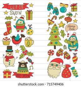 Christmas Xmas New year Vector doodle set of icons with Santa Claus, penguin, snowman, bear, presents, christmas decoration