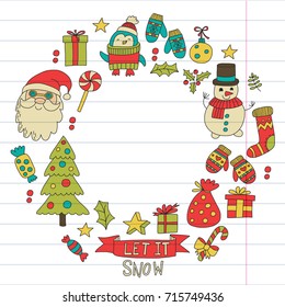 Christmas Xmas New year Vector doodle set of icons with Santa Claus, penguin, snowman, bear, presents, christmas decoration