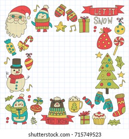 Christmas Xmas New year Vector doodle set of icons with Santa Claus, penguin, snowman, bear, presents, christmas decoration