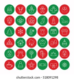 christmas xmas new year winter celebration decoration symbol logo vector outline thin line white on red and green circle on white background icons set