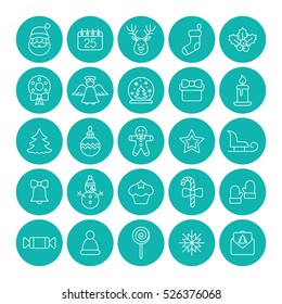christmas xmas new year winter celebration decoration symbol logo vector outline thin line icons in circle set