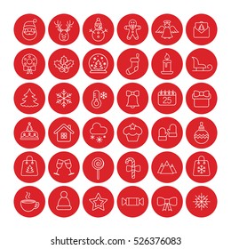 christmas xmas new year winter celebration decoration symbol logo vector outline thin line icons in circle set