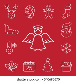 christmas xmas new year winter celebration decoration symbol line white on red icons set