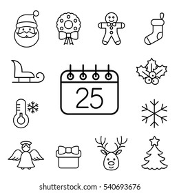 christmas xmas new year winter celebration decoration symbol line black on white icons set