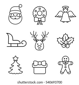 christmas xmas new year winter celebration decoration symbol line black on white icons set