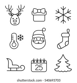 christmas xmas new year winter celebration decoration symbol line black on white icons set