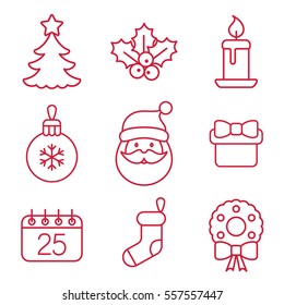 christmas xmas new year winter celebration decoration symbol line red on white icons set