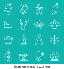 christmas xmas new year winter celebration decoration symbol line white on blue icons set