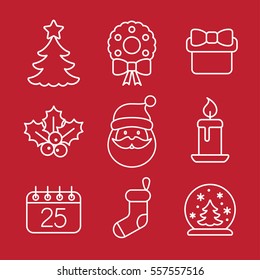 christmas xmas new year winter celebration decoration symbol line white on red icons set