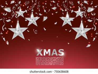Christmas, Xmas new year winter holiday poster banner design template with christmas tree toy silver stars with confetti.  vector realistic illustration on red background