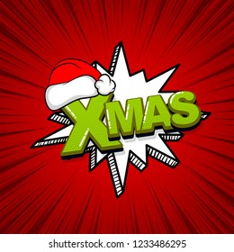 Christmas xmas red hat comic text sound effects pop art style. Vector speech bubble word and short phrase cartoon expression illustration. Comics book background template.